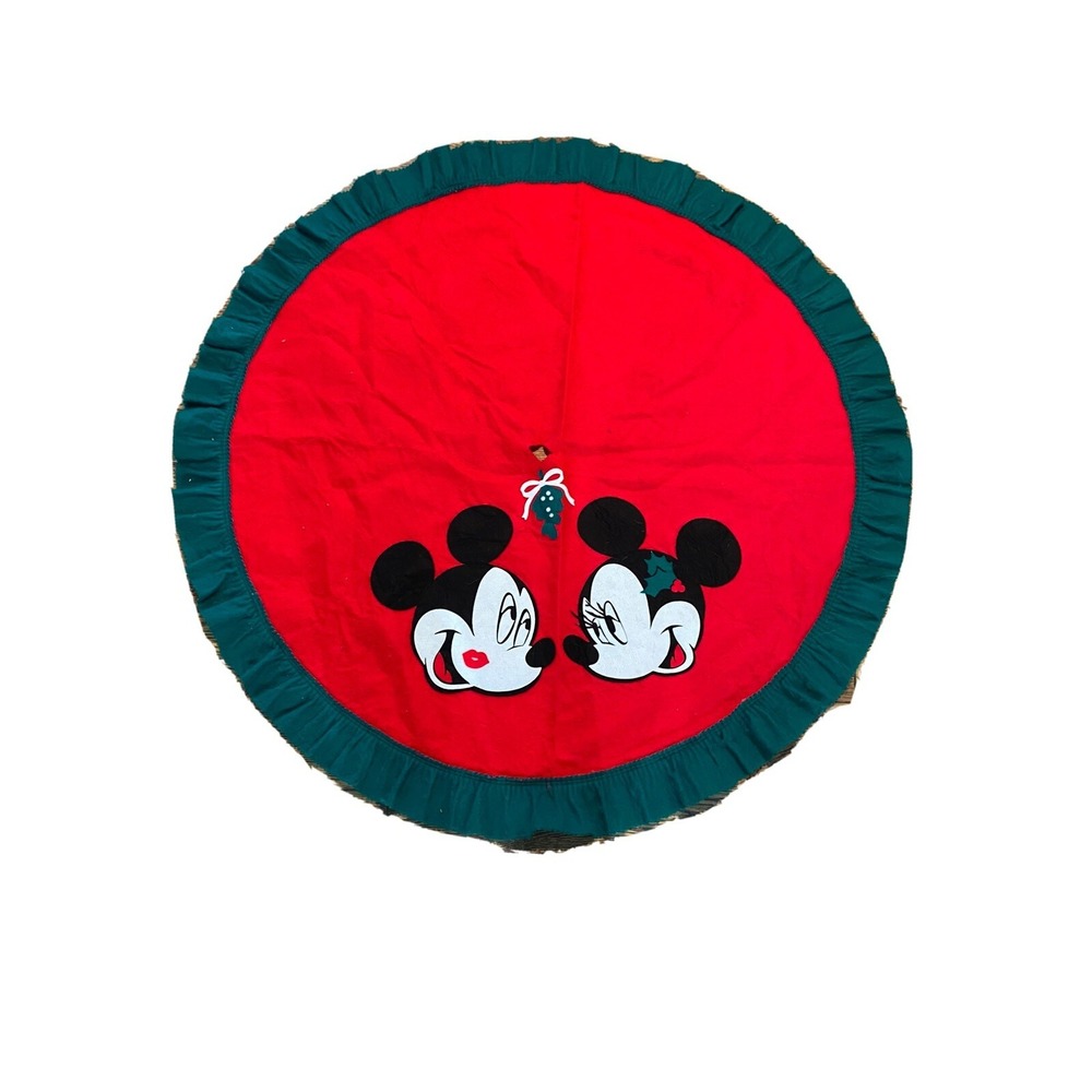 Cute Disney Christmas Tree Skirt Mickey and Minnie‎ Mouse 55" Mistletoe Kiss Vtg